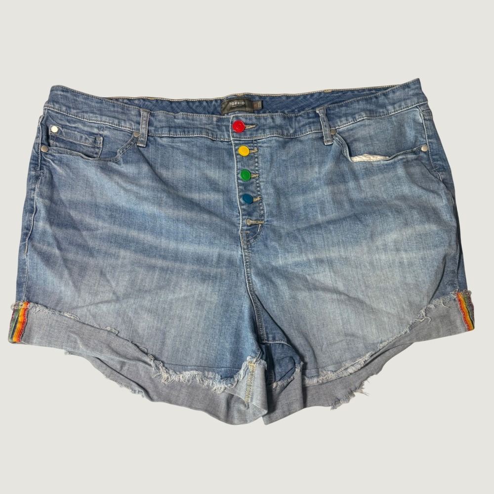 Torrid Denim Shorts Cotton Rainbow Button Fly Raw Hem Pride Plus Size 26 - Picture 2 of 7